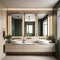 3d modern contemporary chic beige bathroom with two rectangle brass mirrors and a green cabin