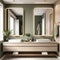 3d modern contemporary chic beige bathroom with two rectangle brass mirrors and a green cabin