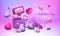 3d mother day banner. Glossy pink purple heart, gift box. Love balloons, happy valentines sale, present and prize, exact