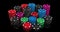 3D motion. Colorful poker chips gradually appearing on black mirror surface or background, lining up in stacks. Gambling