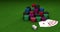 3D motion. Two dices falling on green table surface with stacks of colorful poker chips and playing cards. Gambling