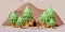 3d mountain landscape with deer, doe, fawn standing on pine forest from plasticine isolated on grey background. clay toy icon