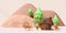 3d mountain landscape with pine, deer, doe, fawn standing on pine forest from plasticine, pilot, propeller plane, wooden house