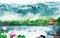 3d mural colorful wallpaper landscape. flowers and trees and lake water. sky and clouds with birds. Waterfall and mountains view.