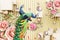 3d mural illustration background with golden jewelry and flowers , circles simple decorative wood wallpaper . peacock , horse , bu