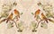 3d mural illustration background with golden jewelry and flowers , circles simple decorative wood wallpaper . peacock , horse , bu