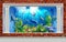 3d mural illustration wallpaper under sea dolphin, Fish, Tortoise, Coral reef sand water with broken wall bricks and columns backg