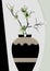 3d mural wallpaper black white vase with flowers  in white background .