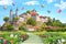 3d mural wallpaper palace with garden and flowers landscape . colored Air balloons in the sky . suitable for Childrens wallpaper