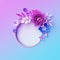 3d neon paper flowers, botanical background, isolated round frame, wreath, pastel color wallpaper, blank greeting card