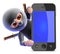 3d Ninja assassin hides behind smartphone