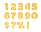 3d numbers vector set. Isolated golden numbers and signs. Exclamation and question marks, dollar and percentage on white