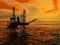 3d Oil Rig Silhouette, Ocean and Sunset