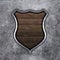 3D old metal and wood shield on grunge concrete background