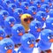 3d One yellow chick in a crowd of bluebirds