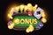 3D online casino welcome bonus background, playing card, vector reward game poster green poker table.