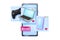 3D online shopping sale illustration, vector mobile store concept, smartphone screen, laptop, joystick.