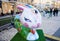 3D painted colorful art figure of easter bunny with eastern shape of eyes with Yin-Yang sign on his forehead. Beautiful art easter