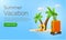 3d palm or coconut trees with suitcase or luggage, island sand, lifebouy, sun glasses, cloud, isolated background