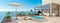 3D panoramic render of luxury wooden deck with sea view