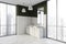 3d panoramic white bathroom with dark olive wall detail in corner