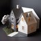 3d paper models of a gray house and white house. Gray background. Created with Generative AI