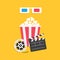 3D paper red blue glasses. Open clapper board Movie reel Popcorn Cinema Movie icon set. Flat design style. Yellow background