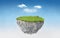 3d paradise rock floating island with green grass field, surrealism float stone land isolated on sunny blue morning