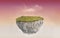 3d paradise rock floating island with green grass field, surrealism float stone land isolated on surreal pink sunset