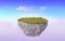 3d paradise rock floating island with green grass field, surrealism float stone land isolated on surreal purple evening