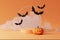 3D pedestal podium with cloud smoke on orange background. Flying bat and   pumpkin with frame rim. Halloween Jack o lantern displa