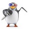 3d Penguin in 3d glasses sings into a microphone