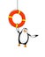 3d penguin hanging on life preserver lifebuoy ring