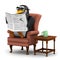 3d Penguin reading the news in his favourite chair