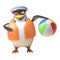 3d penguin sailor captain character playing with a beach ball, 3d illustration