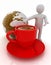 3d people - man, person presenting - Mug of coffee and Earth