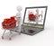 3d persons pushing a trolleys with red hearts out of laptop.