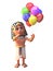 3d pharaoh Tutankhamun character holding many coloured party balloons for a celebration, 3d illustration