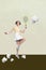 3D photo collage composite trend sketch image of young active sportswoman play outdoor tennis game use paper garbage