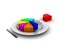 3d pie chart on plate on white background, fork in blue, red piece and knife outside.