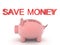 3D Piggy bank with red text above saying save money