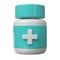 3d pill bottle medical icon pharmacy with cross. White plastic supplement jar. Protein vitamin capsule packaging, large