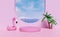 3d pink cylinder stage podium empty with summer sea, Inflatable flamingo, palm tree, blue sky background. abstract geometric