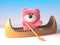 3d pink fluffy teddy bear cuddly toy in a kayak canoe, 3d illustration