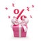 3D pink gift box with bow and percent symbol on it. Falling percentage signs