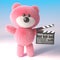 3d pink teddy bear cuddly toy character holding a movie maker film slate, 3d illustration