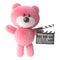 3d pink teddy bear with fluffy fur holding a movie slate clapperboard, 3d illustration