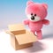 3d pink teddy bear with fluffy fur looking into an empty cardboard box, 3d illustration