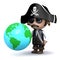 3d Pirate looks at a globe of the Earth