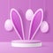 3D podium with bunny ears and Easter eggs. Stage with a pedestal on a pink background.